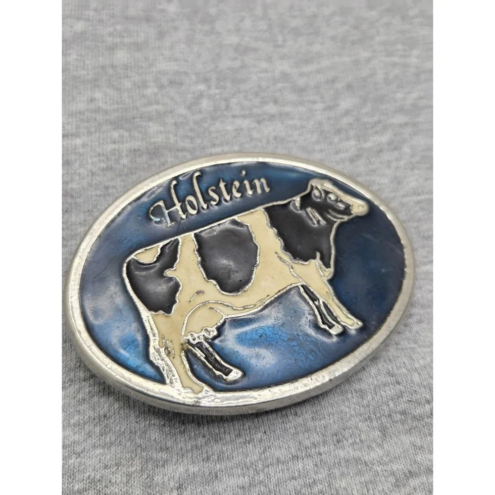 Vintage Holstein Cattle Farmer Cow Blue Black White Enamel Belt Buckle Farm